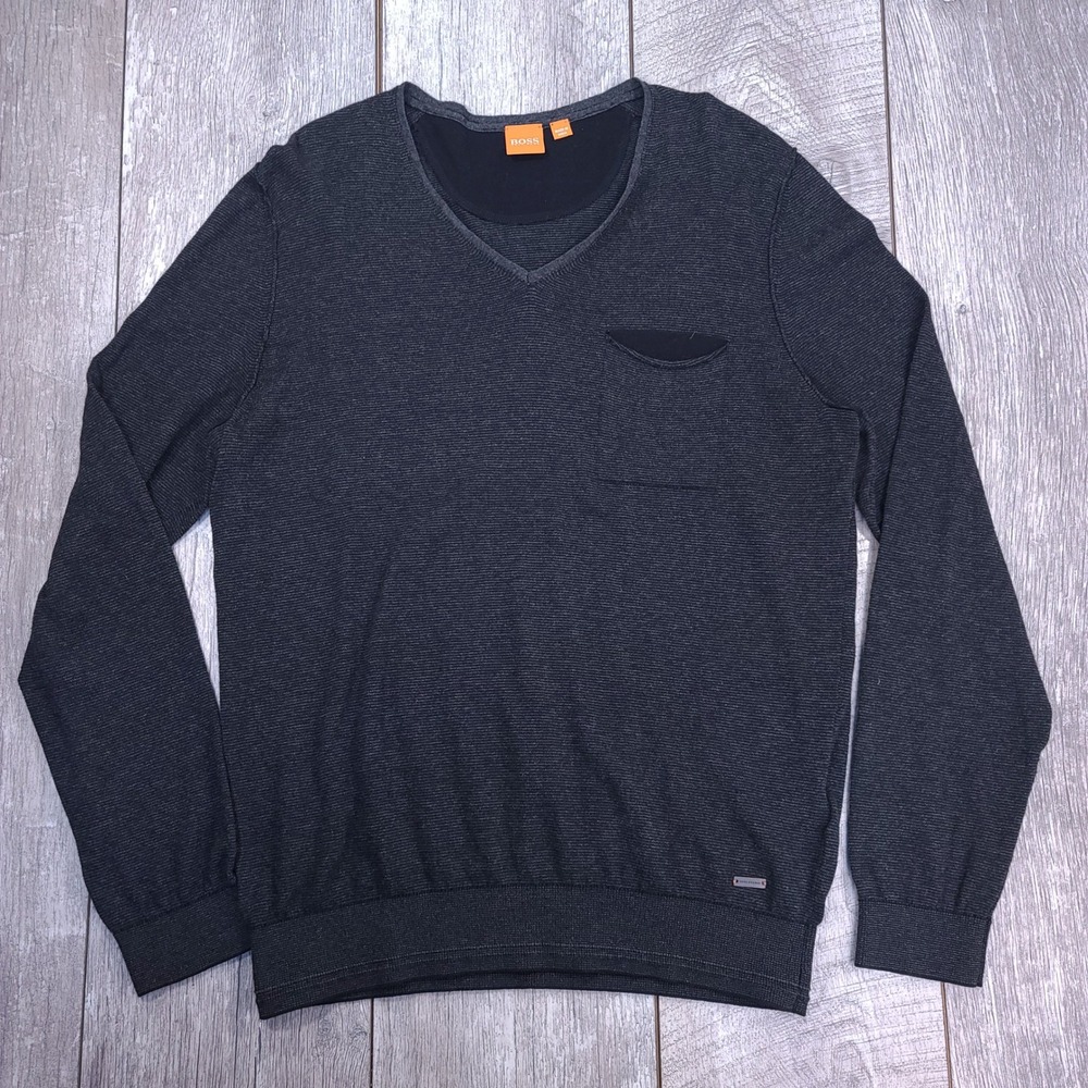 BOSS Hugo Boss Sweater Mens Medium Grey V-Neck Cotton Wool Blend Pocket Pullover